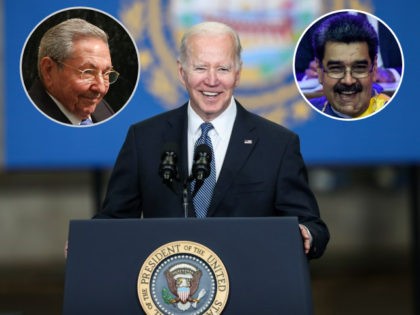 Joe Biden; insets: Nicolás Maduro, Raúl Castro
