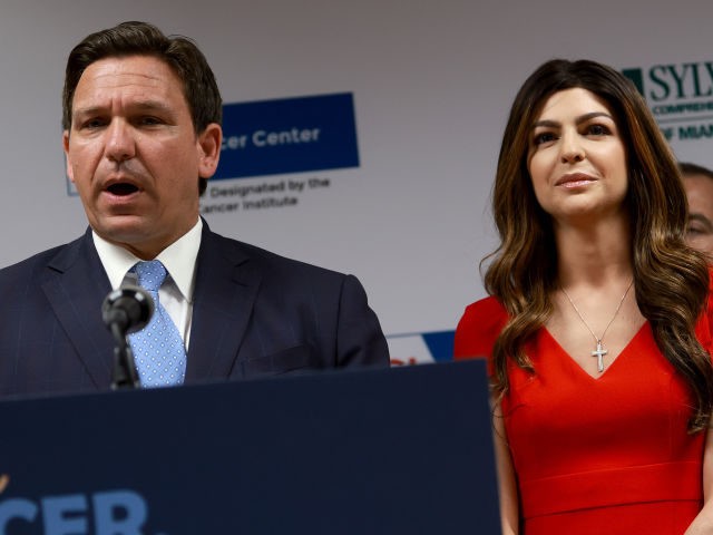 Florida Gov. Ron DeSantis speaks during speaks during a press conference at the University of Miami Health System Don Soffer Clinical Research Center on May 17, 2022 in Miami, Florida. His wife first lady Casey DeSantis, who recently survived breast cancer, stands next to him. The governor held the press …