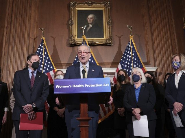 WASHINGTON, DC - FEBRUARY 28: U.S. Senate Majority Leader Chuck Schumer (C) speaks during