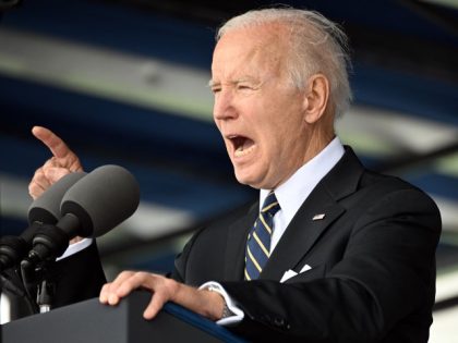 US President Joe Biden addresses the US Naval Academy Class of 2022 graduation and commissioning ceremony at Navy-Marine Corps Memorial Stadium in Annapolis, Maryland, on May 27, 2022.