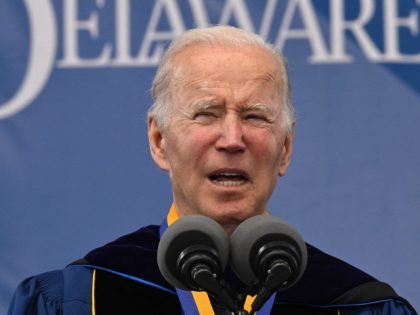 US President Joe Biden delivers the commencement address for his alma mater, the University of Delaware, at Delaware Stadium, in Newark, Delaware, on May 28, 2022.