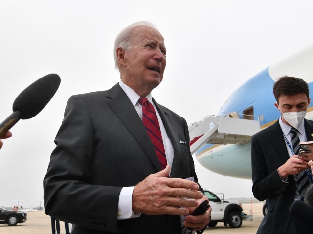 U.S. President Joe Biden speaks to members of the press prior to boarding Air Force One at Joint Base Andrews in Maryland on May 3, 2022. Biden is traveling to Troy, Alabama, to visit a Lockheed Martin facility which manufactures weapon systems.