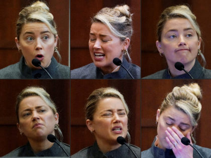 (COMBO) This combination of pictures created on May 16, 2022 shows US actress Amber Heard testifies in the courtroom at the Fairfax County Circuit Courthouse in Fairfax, Virginia, on May 16, 2022. - Actor Johnny Depp sued his ex-wife Amber Heard for libel in Fairfax County Circuit Court after she …