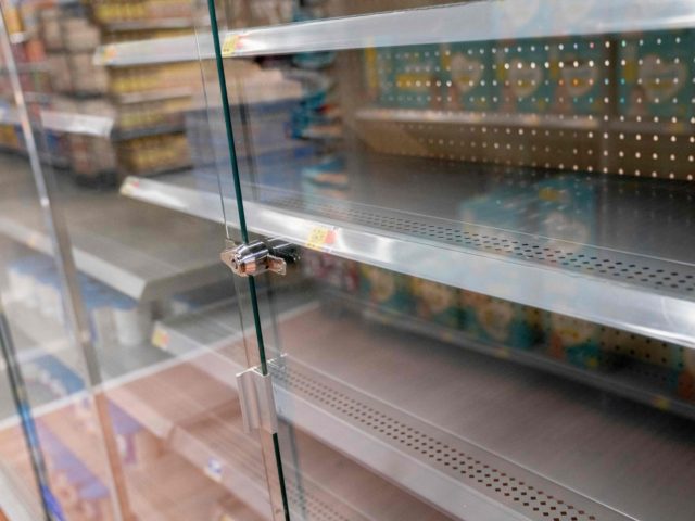 Grocery store shelves where baby formula is typically stocked are locked and nearly empty in Washington, DC, on May 11, 2022. - It's a parent's worst nightmare. The United States is in the grip of a severe shortage of baby formula -- with a mass product recall aggravating pandemic supply …