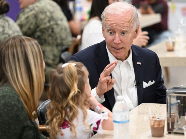 US President Joe Biden meets with members of the US military and their families at the bowling alley at Osan Air Base in Pyeongtaek on May 22, 2022. (Photo by SAUL LOEB / AFP) (Photo by SAUL LOEB/AFP via Getty Images)