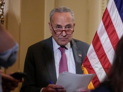 WASHINGTON, DC - MAY 24: Senate Majority Leader Chuck Schumer (D-NY) arrives to speak to reporters after a closed-door lunch meeting with Senate Democrats at the U.S. Capitol May 24, 2022 in Washington, DC. Schumer and the Democrats spoke about a domestic terrorism bill, the COVID-19 relief package and Donald …