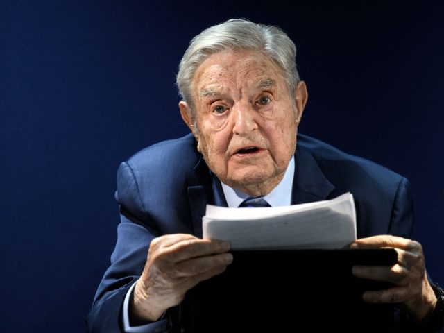 Hungarian-born US investor and philanthropist George Soros addresses the assembly on the sidelines of the World Economic Forum (WEF) annual meeting in Davos on May 24, 2022. (Photo by Fabrice COFFRINI / AFP) (Photo by FABRICE COFFRINI/AFP via Getty Images)