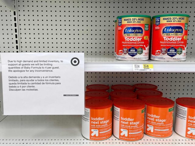 A sign stand next to a small amount of toddler nutritional drink mix at Target in Stevensville, Maryland, on May 16, 2022, as a nationwide shortage of baby formula continues due to supply chain crunches tied to the coronavirus pandemic that have already strained the countrys formula stock, an issue …