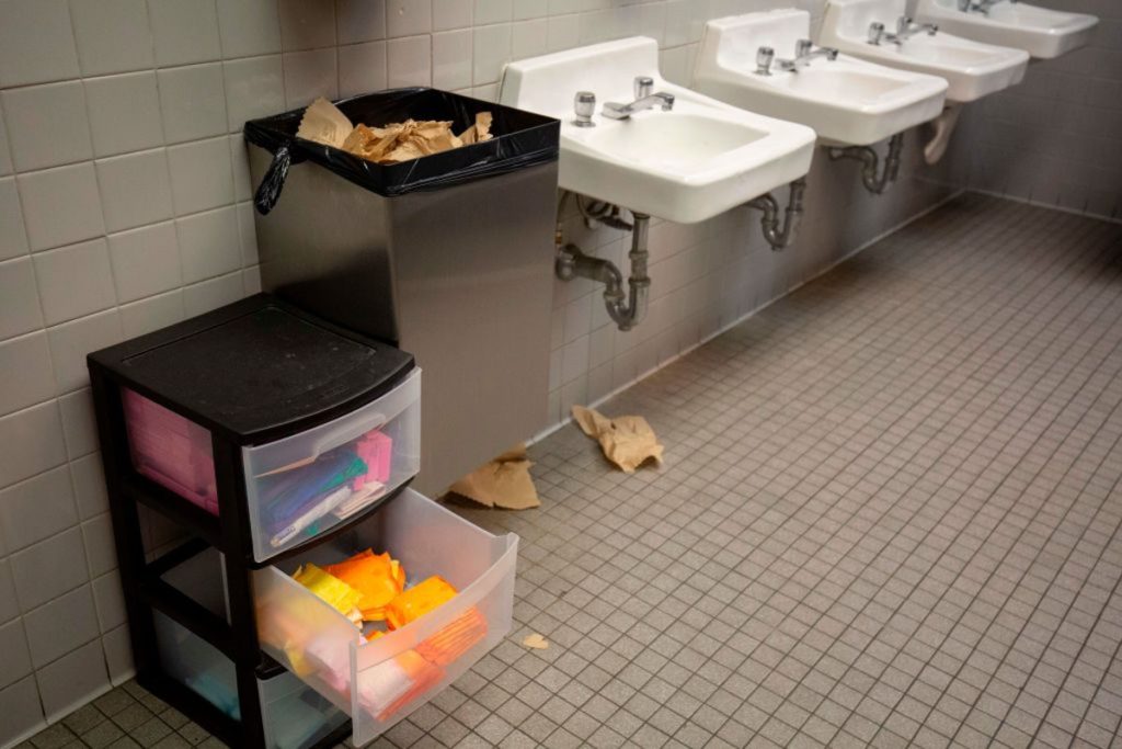 Free pads and tampons are seen in a bathroom at Justice High School in Falls Church, Virginia, on September 11, 2019. (Photo by Alastair Pike / AFP) (Photo by ALASTAIR PIKE/AFP via Getty Images)