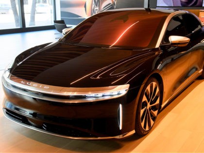 A Lucid Air Grand Touring electric luxury car is displayed at the Lucid Motors Inc. studio