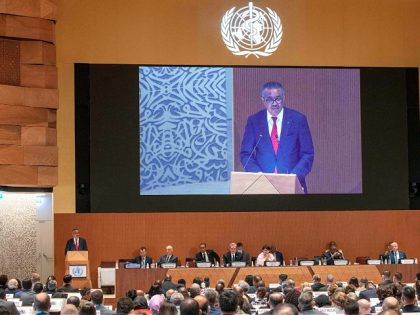 World Health Organisation (WHO) Director-General Tedros Adhanom Ghebreyesus delivers a speech on the opening day of 75th World Health Assembly of the World Health Organisation (WHO) in Geneva on May 22, 2022. (Photo by JEAN-GUY PYTHON / AFP) (Photo by JEAN-GUY PYTHON/AFP via Getty Images)