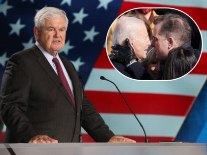 Newt Gingrich; inset Joe Biden and Hunter Biden