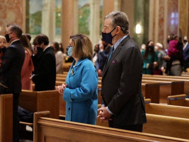 US Speaker of the House Nancy Pelosi (L) and her husband Paul Pelosi attend Mass at the Cathedral of St. Matthew the Apostle in Washington, DC, on January 20, 2021, along with US President-elect Joe Biden (not in photo). - Biden is to be sworn in as the 46th US …