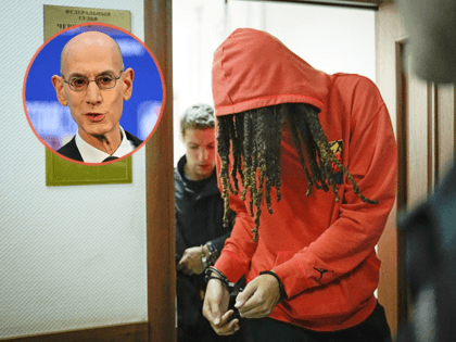 Brittney Griner leaves a courtroom after a hearing, in Khimki just outside Moscow, Russia, Friday, May 13, 2022, NBA Commissioner Adam Silver (inset)