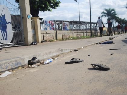 A view of flip fops and sandals on the street, following a stampede in Port Harcourt, Nigeria, Saturday, May 28, 2022. Police say a stampede at a church charity event in southern Nigeria has left at least 31 people dead and seven injured. One witness said the dead included a …