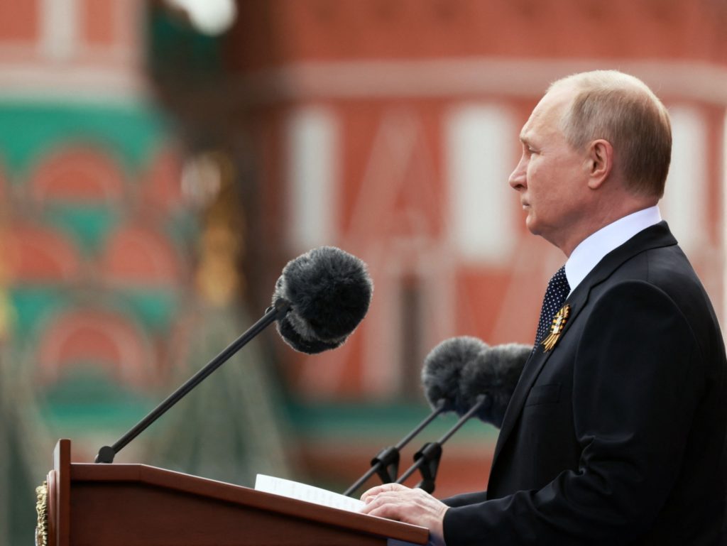 Russian President Vladimir Putin gives a speech during the Victory Day military parade at Red Square in central Moscow on May 9, 2022. - Russia celebrates the 77th anniversary of the victory over Nazi Germany during World War II. (Photo by Mikhail METZEL / SPUTNIK / AFP) (Photo by MIKHAIL METZEL/SPUTNIK/AFP via Getty Images)