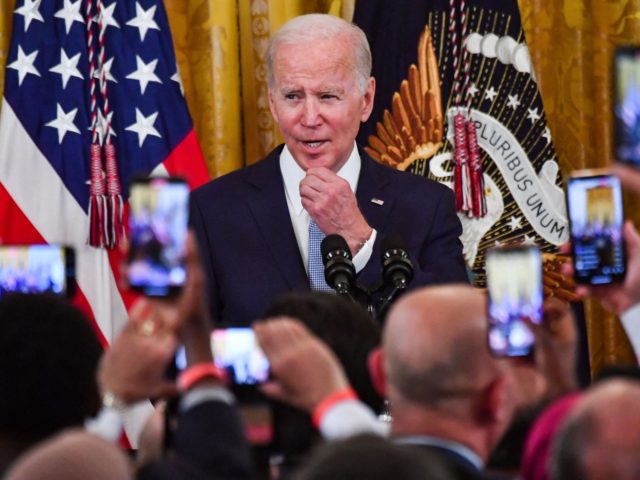 US President Joe Biden speaks during an Eid al-Fitr reception in the East Room of the Whit