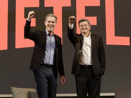 Reed Hastings, left, CEO of Netflix, poses with Ted Sarandos, Chief Content Officer of Net
