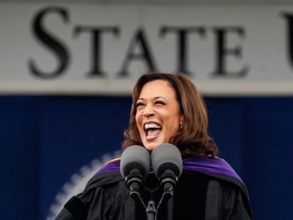 US Vice President Kamala Harris gives the commencement speech on May 7,2022 at Tennessee State University in Nashville, Tennessee. (Photo by SETH HERALD / AFP) (Photo by SETH HERALD/AFP via Getty Images)