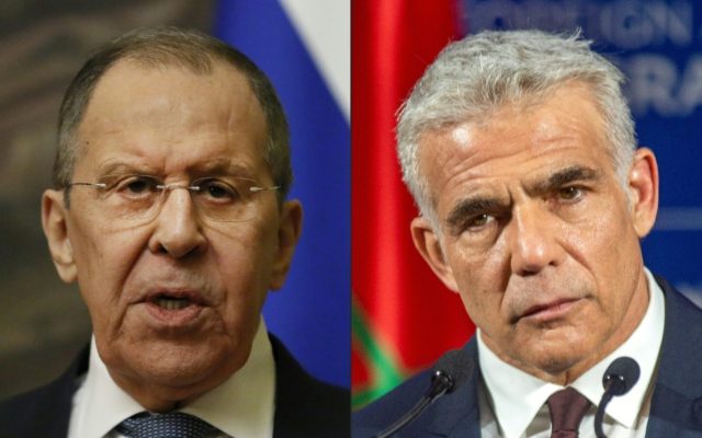 Israeli Foreign Minister Yair Lapid (R) on May 2, 2022 slammed his Russian counterpart Ser