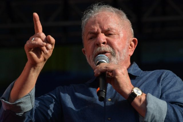 Former Brazilian President Luiz Inacio Lula da Silva delivers a speech during a May Day in