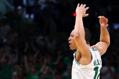 Boston's Grant Williams celebrates after his three-point scoring display sends the Celtics to victory over Milwaukee