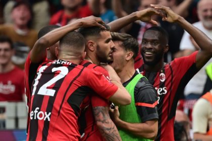 French defender Theo Hernandez (C) scored as AC Milan are on the brink of winning the Serie A title