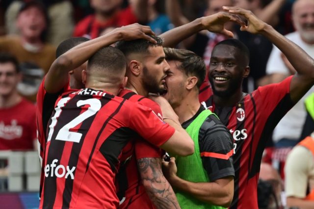 French defender Theo Hernandez (C) scored as AC Milan are on the brink of winning the Seri