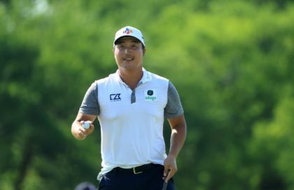 South Korea's Lee Kyoung-hoon reacts to his final putt on the way to victory in the US PGA Tour Byron Nelson tournament in Texas