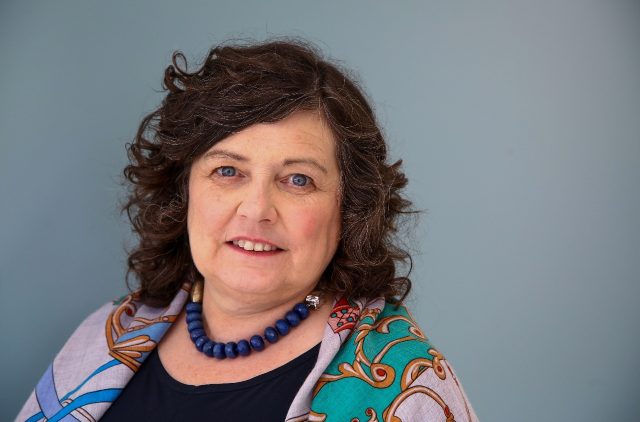 Anne Boden, chief executive of British online bank Starling, set up outside the City of Lo