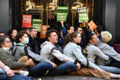 Environmental activists impeded entry to TotalEnergies' annual general meeting in Paris, i
