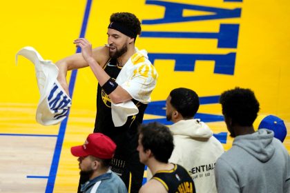 Klay Thompson of the Golden State Warriors celebrates after a 120-110 victory over Dallas to advance to the NBA Finals