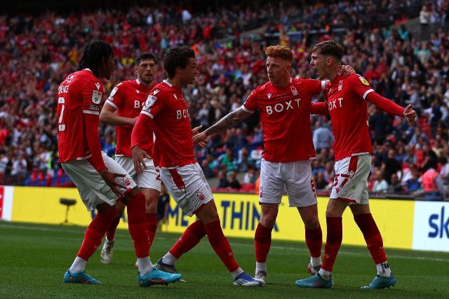 Nottingham Forest's players celebrate against Huddersfield
