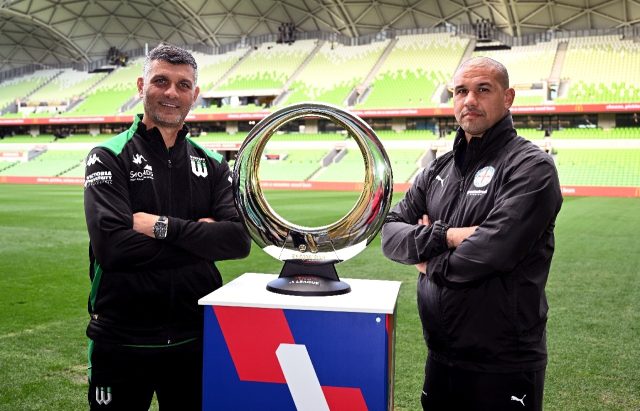 Western United coach John Aloisi (left) and Melbourne City coach Patrick Kisnorbo pose with the A-League trophy