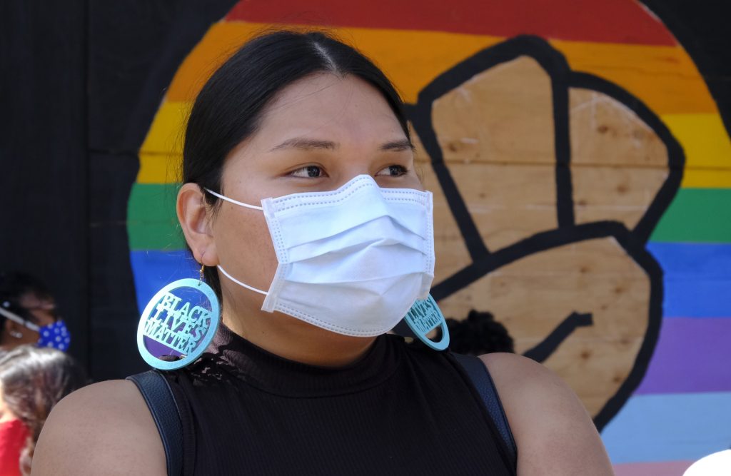 Two-spirit trans Navajo woman Yue Begay, of Culver City, attends the All Black Lives Matter march, organized by black LGBTQ+ leaders, on Sunday, June 14, 2020, in Los Angeles. (AP Photo/Paula Munoz)