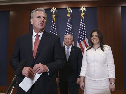 From left, House Minority Leader Kevin McCarthy, R-Calif., Minority Whip Steve Scalise, R-La., and Rep. Elise Stefanik, R-N.Y., speak to reporters at the Capitol in Washington, Friday, May 14, 2021, just after Stefanik was elected the new chair of the House Republican Conference, replacing Rep. Liz Cheney, R-Wyo., who was …