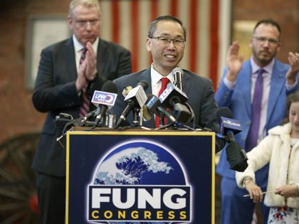 Former Cranston, R.I., Mayor Allan Fung speaks at his campaign kickoff event, Tuesday, April 26, 2022, at the Varnum Memorial Armory in East Greenwich, R.I. Fung, a two-time Republican gubernatorial candidate in Rhode Island, is running for the state's seat in Congress being vacated by Democratic U.S. Rep. Jim Langevin. …