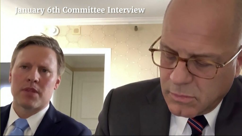 In this image from video released by the House Select Committee, an exhibit shows former Trump campaign manager Bill Stepien, left, during a video interview with the House Select Committee investigating the attack of January 6 against the United States Capitol during the hearing on Monday June.  13, 2022, on Capitol Hill in Washington.  (House Select Committee via AP)