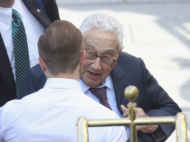 DRESDEN, GERMANY - JUNE 09: Former U.S. Secretary of State Henry Kissinger arrives at the Hotel Taschenbergpalais Kempinski Dresden for the 2016 Bilderberg Group conference on June 9, 2016 in Dresden, Germany. The Taschenbergpalais is hosting the 2016 Bilderberg Group gathering that will bring together 130 leading international players from …