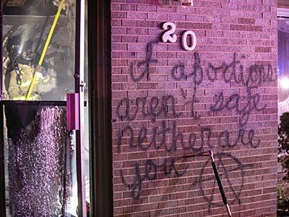 In this photo released by the Longmont Police Department the Life Choices building in Longmont, Colo., is seen vandalized on Saturday, June 25, 2022, following a fire at the Christian pregnancy center. The fire, which is being investigated by police as a possible arson, was reported hours after the U.S. …