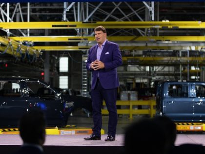 James Farley, president and chief executive officer of Ford Motor Co., speaks during a lau