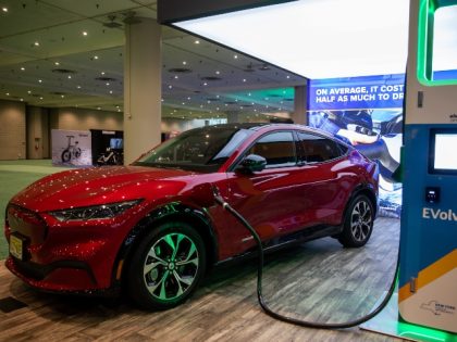 A Ford Mustang Mach-E compact sports utility vehicle (SUV) during the 2022 New York International Auto Show (NYIAS) in New York, U.S., on Thursday, April 14, 2022. The NYIAS returns after being cancelled for two years due to the Covid-19 pandemic. Photographer: Michael Nagle/Bloomberg