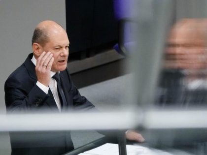 German Chancellor Olaf Scholz delivers his speech during a session of the German parliament Bundestag at the Reichstag building in Berlin, Germany, Wednesday, June 1, 2