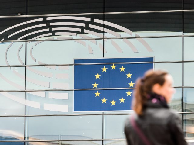 The stars of the European Union (EU) sit on the glass facade of the European Parliament's Altiero Spinelli building in Brussels, Belgium, on Friday, May 3, 2019. The stakes are high for this year's elections to the European Parliament, with widespread predictions that a growing chorus of populists will see …