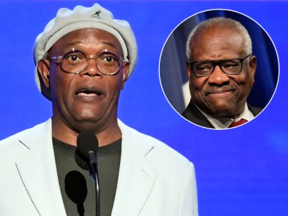 (INSET: Clarence Thomas) Samuel L. Jackson speaks onstage during the 2019 NBA Awards presented by Kia on TNT at Barker Hangar on June 24, 2019 in Santa Monica, California. (Photo by Kevin Winter/Getty Images for Turner Sports)
