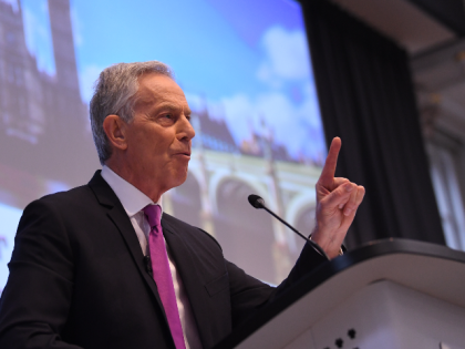 Former prime minister Tony Blair during a speech to mark the 120th anniversary of the founding of the Labour party, in the Great Hall at King's College, London. (Photo by Stefan Rousseau/PA Images via Getty Images)