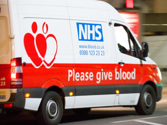 LONDON, ENGLAND - APRIL 07: An NHS blood donor van is seen outside St Thomas Hospital in Westminster, where British Prime Minister Boris Johnson has now been transferred to the ICU after showing persistent symptoms of coronavirus COVID-19 for 10 days, on April 7, 2020 in London, United Kingdom. At …