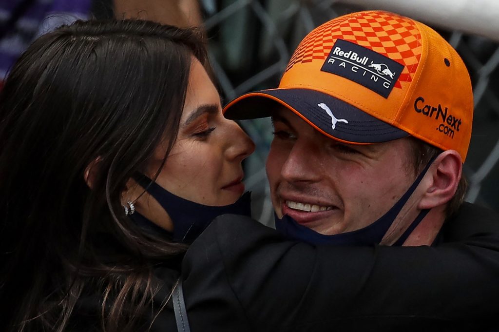 Winner Red Bull's Dutch driver Max Verstappen is congratulated by his girlfriend Kelly Piquet after the Monaco Formula 1 Grand Prix at the Monaco street circuit in Monaco, on May 23, 2021. (Photo by GONZALO FUENTES / POOL / AFP) (Photo by GONZALO FUENTES/POOL/AFP via Getty Images)