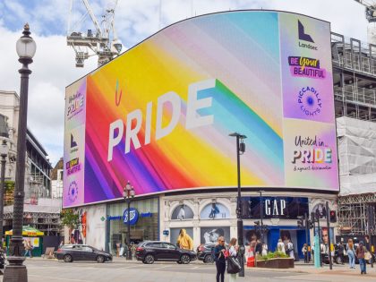 LONDON, UNITED KINGDOM - 2021/06/25: Pride message seen on the screens in Piccadilly Circu
