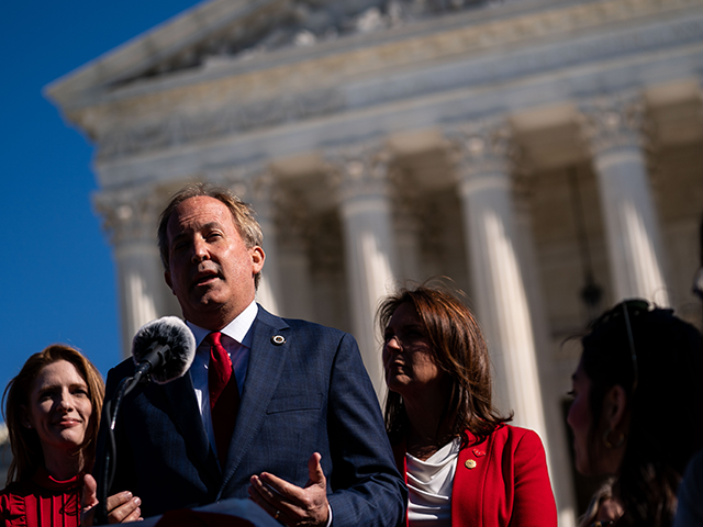 Texas Attorney General Ken Paxton speaks outside the Supreme Court of the United States on Monday, Nov. 1, 2021 in Washington, DC. On Monday, Nov. 1, the Supreme Court heard arguments in a challenge to the controversial Texas abortion law that bans abortions after 6 weeks. (Kent Nishimura / Los Angeles Times via Getty Images)